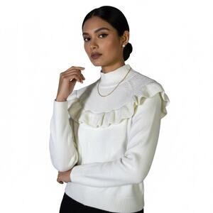 Ann Taylor Ruffle Mock Neck Sweater Size M White Feminine Chic Elegant Old Money